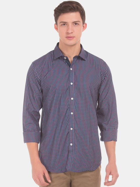 

Excalibur Men Navy Regular Fit Checked Smart Casual Shirt, Navy blue