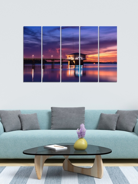 

WENS Multicolored 5 Panelled Admiring Nature Velvet Laminated Wall Painting, Purple