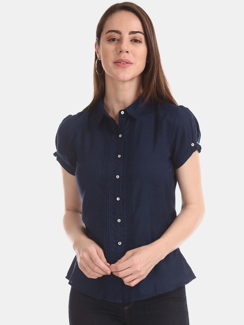 

Cherokee Women Navy Blue Solid Casual Pintuck Shirt