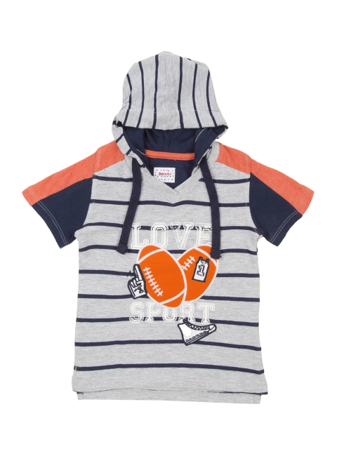 

Donuts Boys Grey Melange & Navy Blue Striped Hood T-shirt