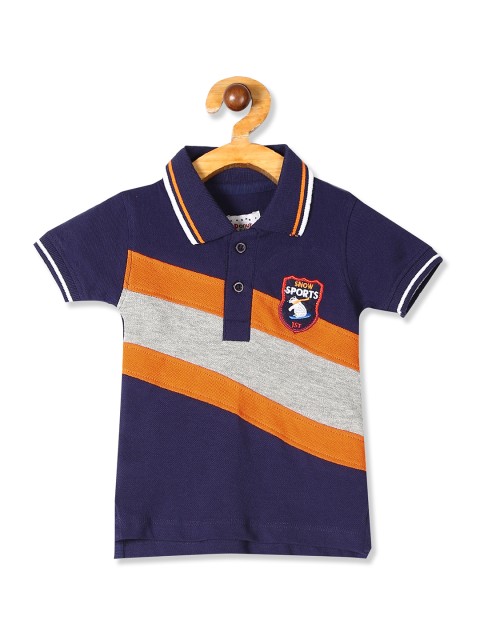 

Donuts Boys Navy Blue & Grey Melange Colourblocked Polo Collar T-shirt