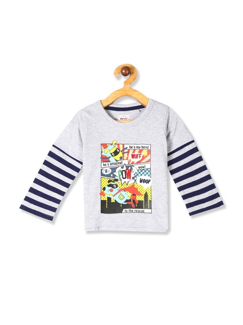 

Donuts Boys Grey Melange & Yellow Striped Round Neck T-shirt