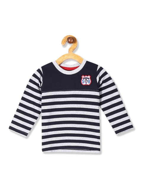 

Donuts Boys Navy Blue & Grey Melange Striped Round Neck T-shirt