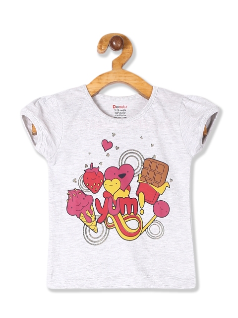 

Donuts Girls Grey Melange & Pink Printed T-Shirt