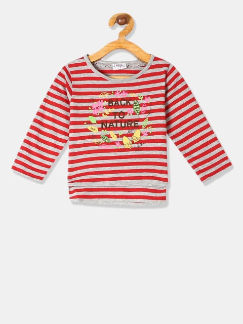 

Donuts Girls Red Grey Striped Round Neck Pure Cotton T-shirt