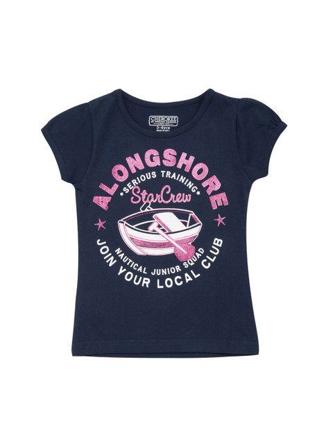 

Cherokee Girls Navy Blue & Pink Printed Round Neck T-shirt