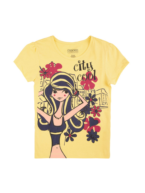 

Cherokee Girls Yellow & Blue Printed Round Neck T-shirt