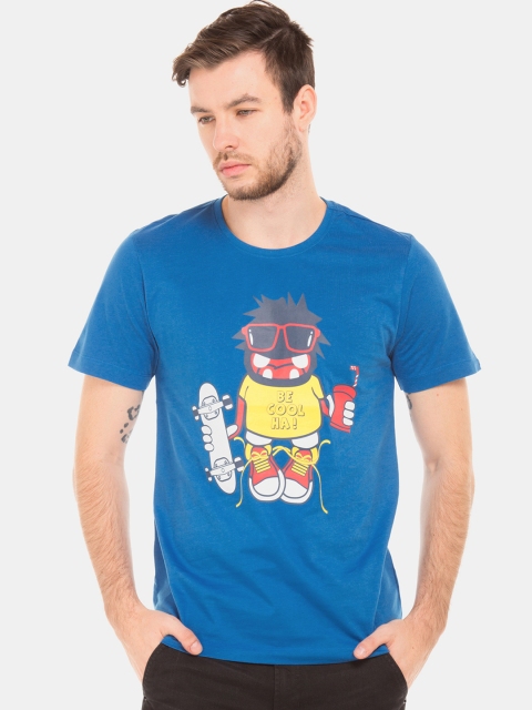 

Colt Men Blue Yellow Printed Round Neck Pure Cotton T-shirt
