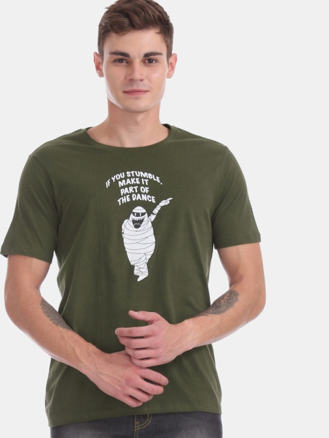 

Colt Men Olive Green & White Printed Round Neck T-shirt