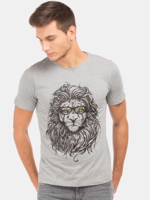 

Colt Men Grey Melange Printed Round Neck T-shirt