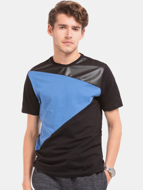 

Colt Men Black & Blue Pleather Trim Colourblocked Round Neck T-shirt