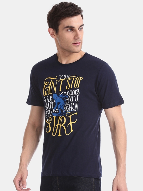 

Colt Men Blue Yellow Printed Round Neck Pure Cotton T-shirt