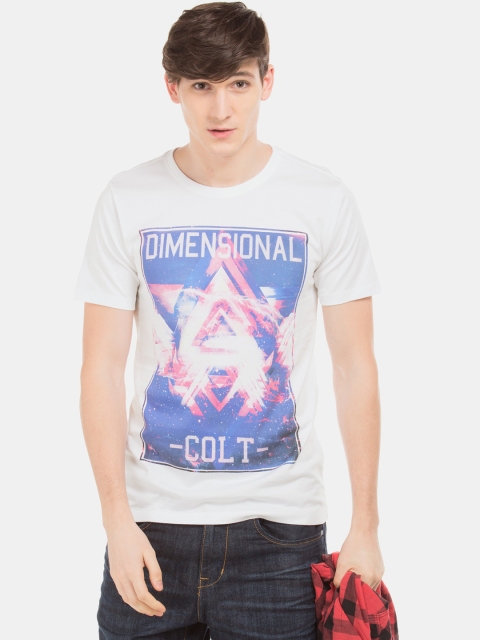 

Colt Men White & Blue Printed Round Neck T-shirt