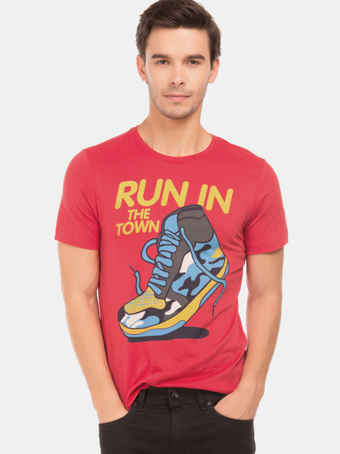 

Colt Men Red Yellow Printed Round Neck Pure Cotton T-shirt