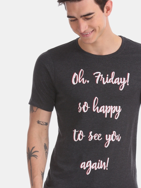 

Colt Men Charcoal Grey & White Printed Round Neck T-shirt