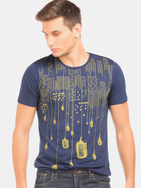 

Colt Men Navy Blue Yellow Printed Round Neck Pure Cotton T-shirt