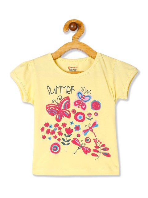 

Donuts Girls Yellow Printed & Pink Round Neck T-shirt