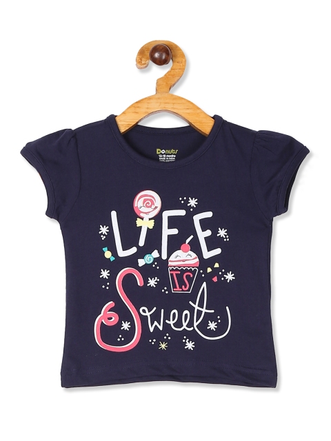 

Donuts Girls Navy Blue & White Printed Round Neck T-shirt