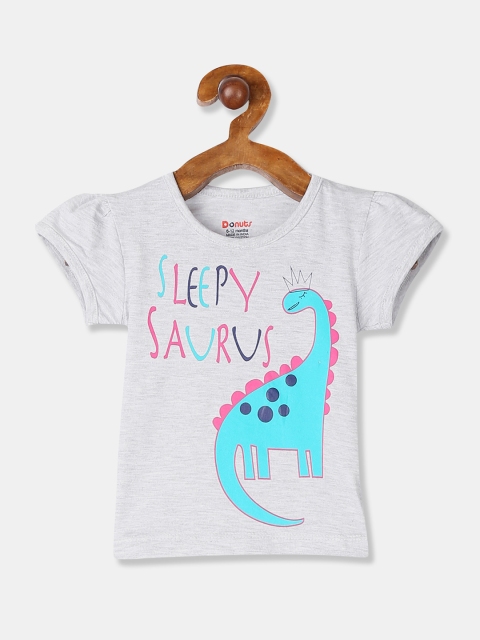 

Donuts Girls Grey Melange & Blue Dinosaur Printed Round Neck T-shirt