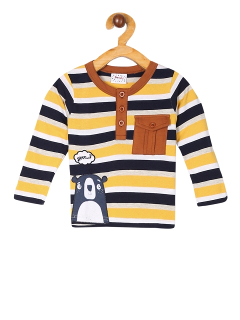 

Donuts Boys Yellow Navy Blue Striped Henley Neck Pure Cotton T-shirt