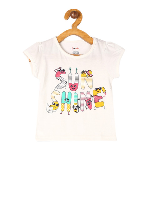 

Donuts Girls Cream-Coloured Printed Round Neck T-shirt