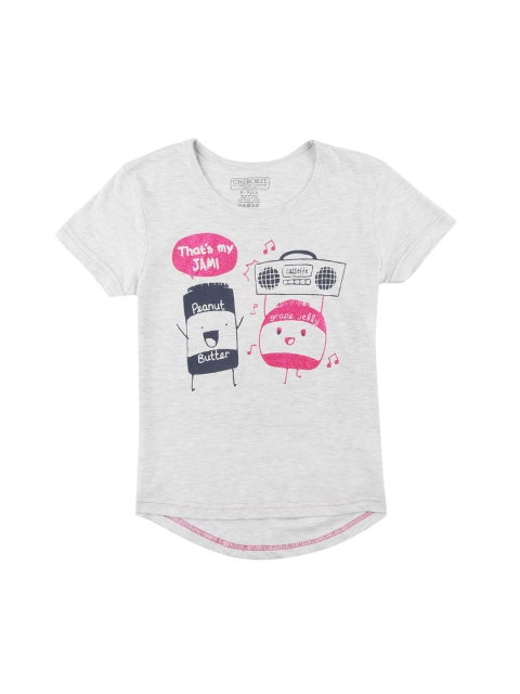 

Cherokee Girls Grey Melange & Pink Printed Round Neck T-shirt