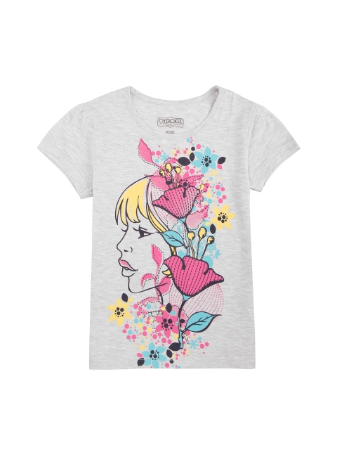 

Cherokee Girls Grey & Pink Printed Round Neck T-shirt