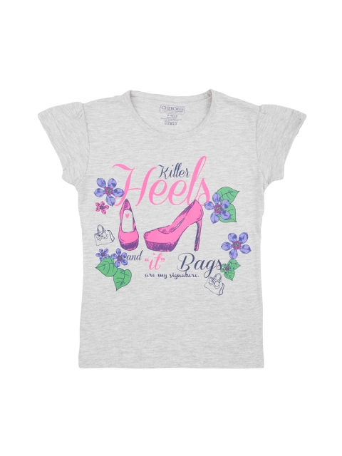 

Cherokee Girls Grey Melange & Pink Printed Round Neck T-shirt