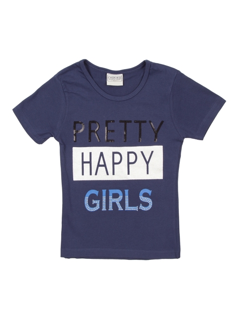 

Cherokee Girls Navy Blue Printed Round Neck Pure Cotton T-shirt