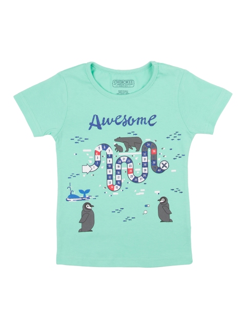

Cherokee Girls Green & Blue Printed Round Neck T-shirt