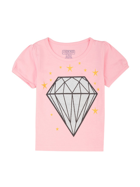 

Cherokee Girls Pink & Grey Diamond Print Round Neck T-shirt