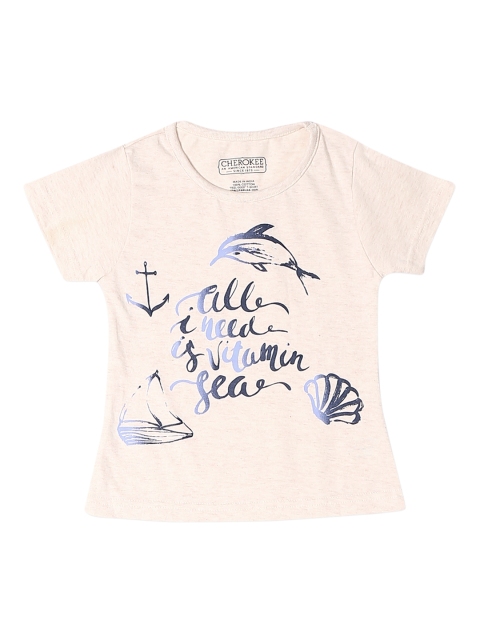 

Cherokee Girls Cream-Coloured & Blue Printed Round Neck T-shirt
