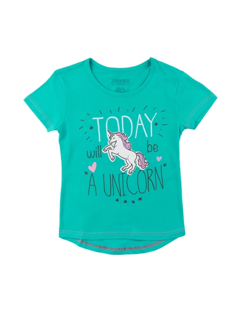 

Cherokee Girls Green & White Unicorn Printed Round Neck T-shirt