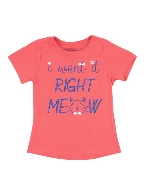 

Cherokee Girls Coral Pink & Blue Printed Round Neck T-shirt