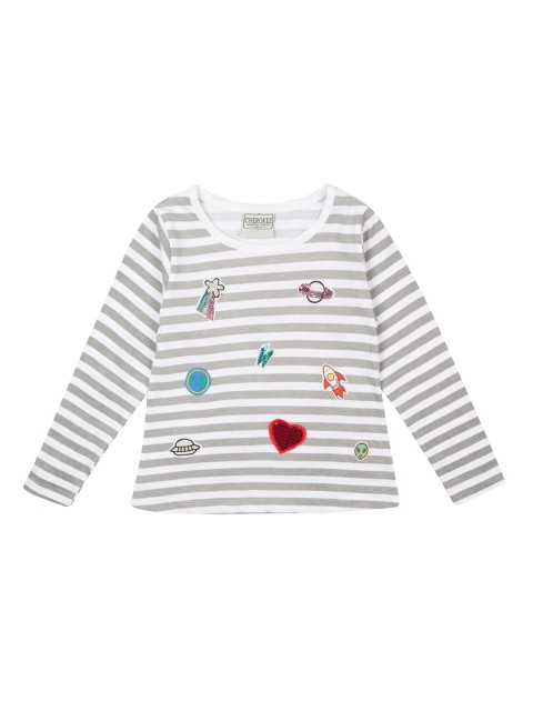 

Cherokee Girls Grey & White Striped Round Neck T-shirt