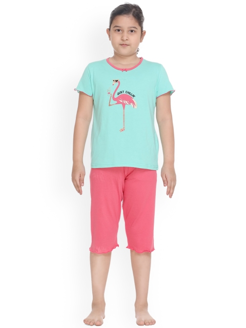 

Kanvin Girls Sea Green & Pink Printed Night Suit