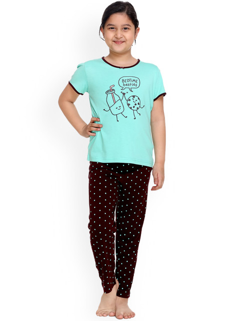 

Kanvin Girls Green & Brown Printed Night Suit MJKKSSG20332B