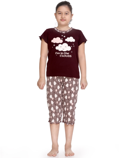 

Kanvin Girls Brown & Off-White Printed Night suit