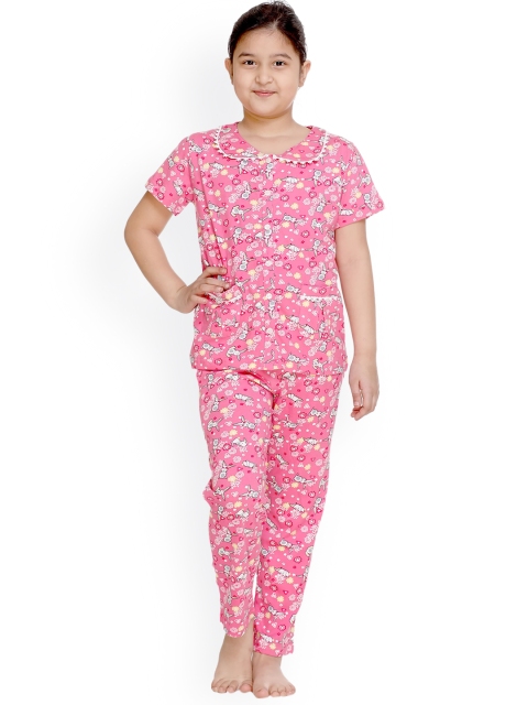 

Kanvin Girls Pink & Off-White Printed Night suit