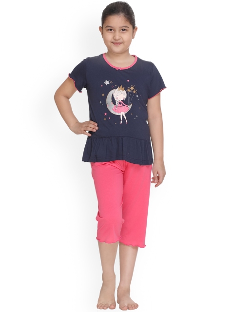 

Kanvin Girls Navy Blue & Pink Printed Night Suit