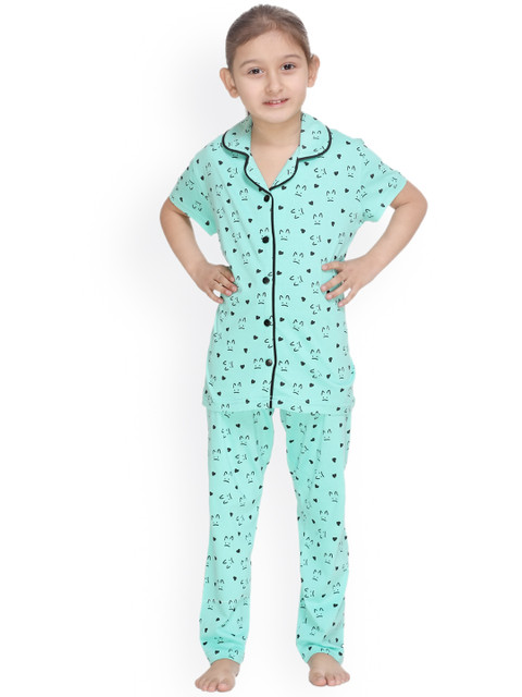 

Kanvin Girls Sea Green & Black Printed Night suit