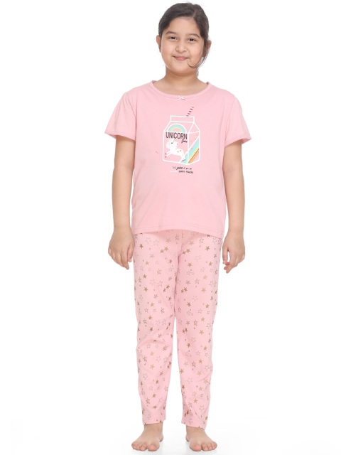 

Kanvin Girls Pink & Gold-Coloured Printed Night Suit MJKKSSG20330B