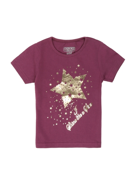 

Cherokee Girls Purple & Golden Printed Round Neck T-shirt