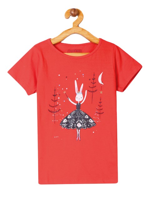 

Cherokee Girls Coral Orange Printed Round Neck T-shirt