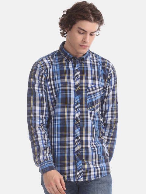 

Ruggers Men Blue & White Regular Fit Checked Button Down Collar Casual Shirt