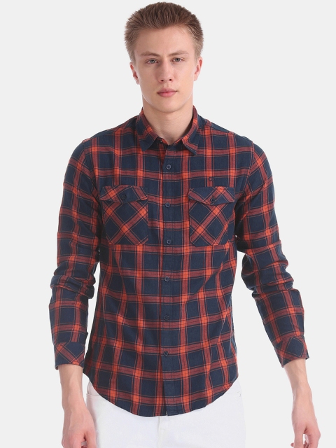 

Ruggers Men Navy Blue & Orange Regular Fit Checked Casual Shirt