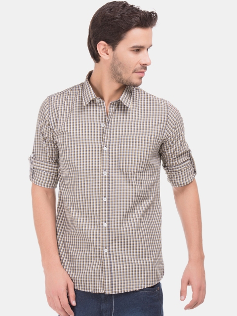 

Ruggers Men Mustard Brown & White Slim Fit Checked Casual Shirt