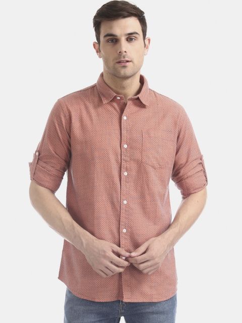 

Ruggers Men Orange & Navy Blue Self Design Regular Fit Solid Casual Shirt