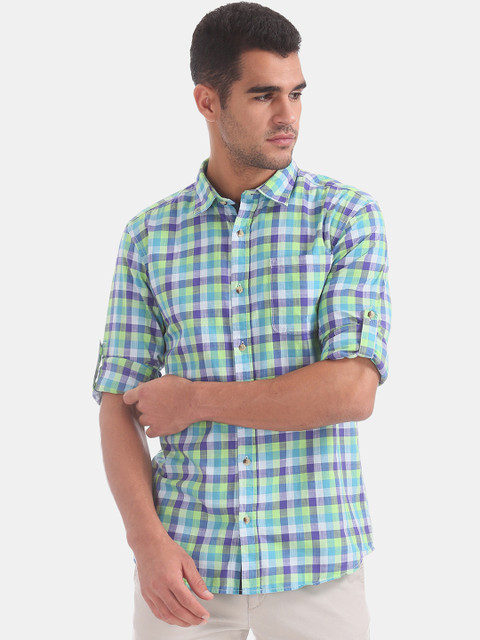 

Ruggers Men Sea Green & Purple Checked Casual Shirt