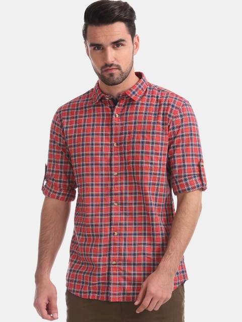 

Ruggers Men Orange & Blue Regular Fit Checked Casual Shirt